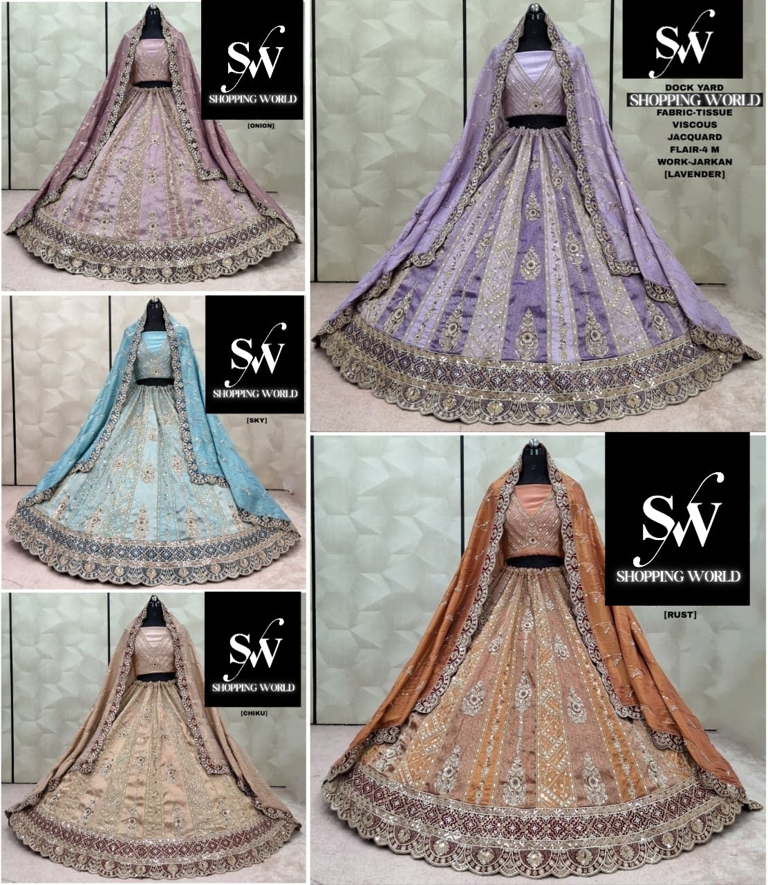 Awesome onion pink Lavender Sky blue Chiku golden Rust orange Tissue Viscous Jacquard Lehenga