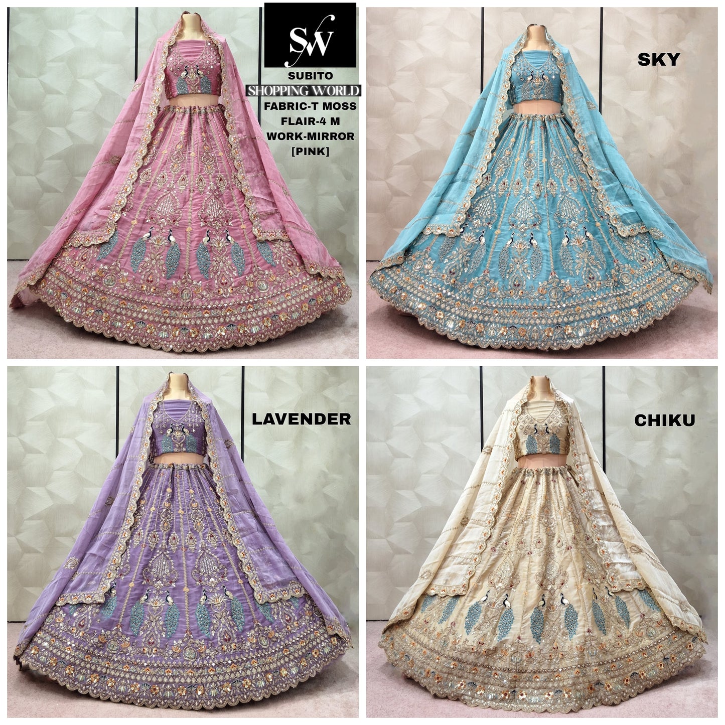 Fabulous Pink Sky blue Lavender Chiku golden Peacock Net Lehenga