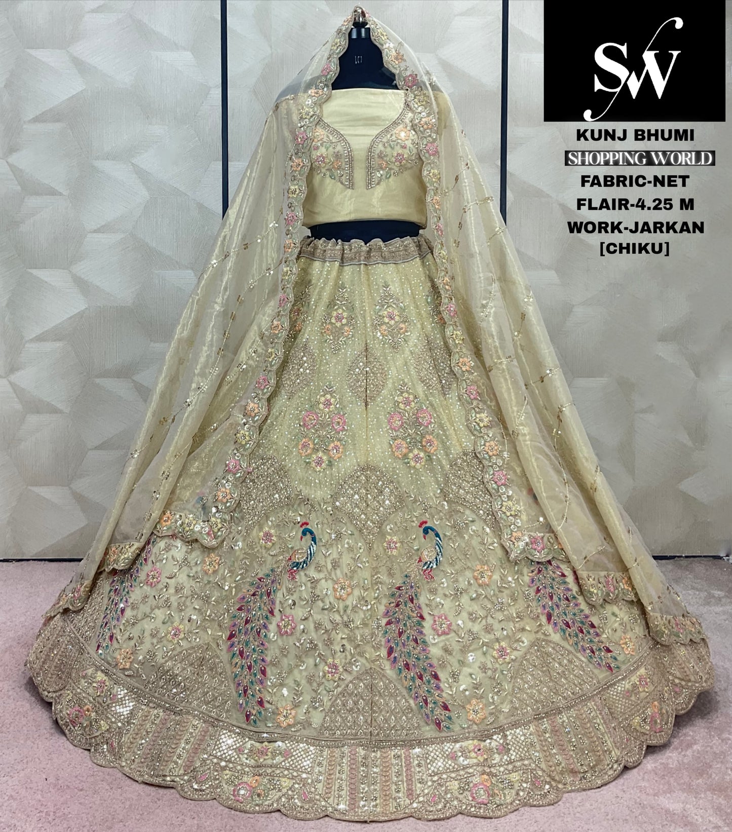 Engaging Chiku Golden peacock Net Lehenga