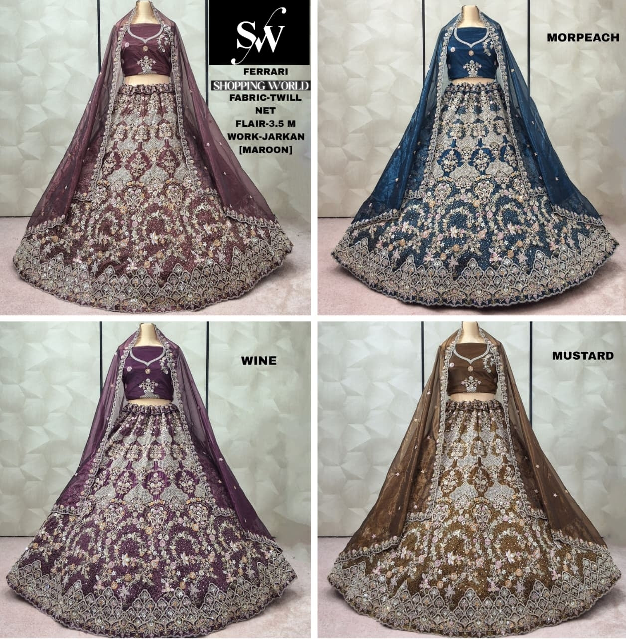 Elegant Maroon Wine Morpich Blue Mustard Twill Net Lehenga