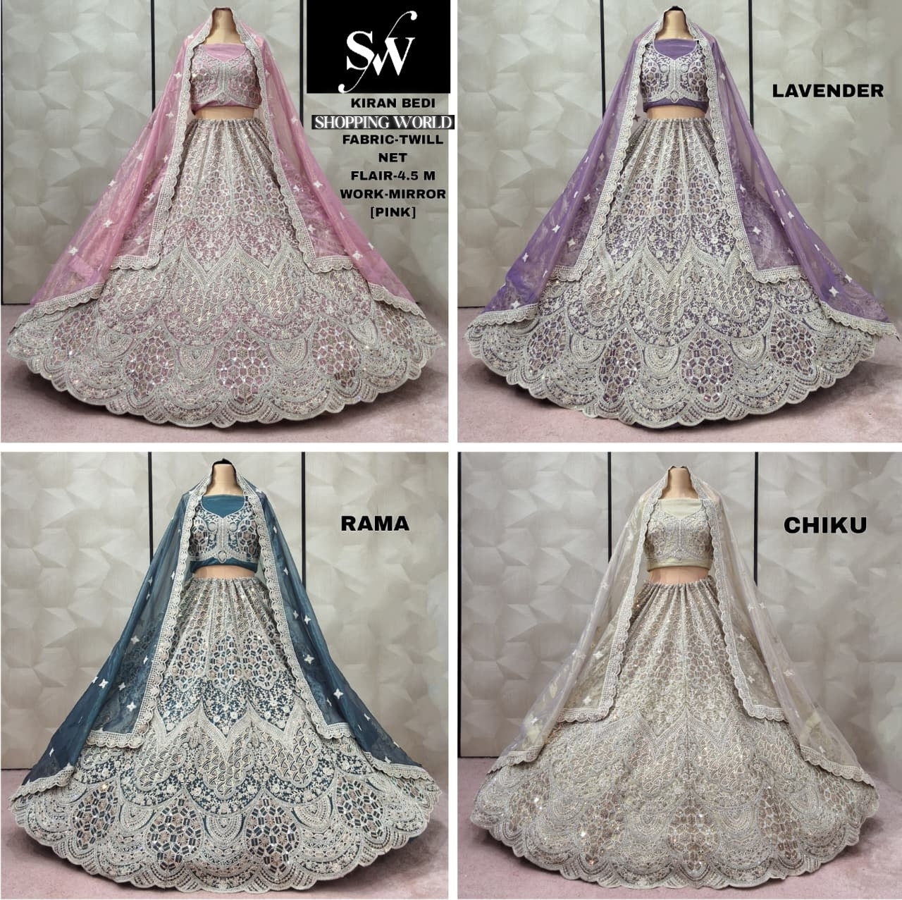 Delightful pink Lavender Rama green Chiku golden Twill Net Lehenga
