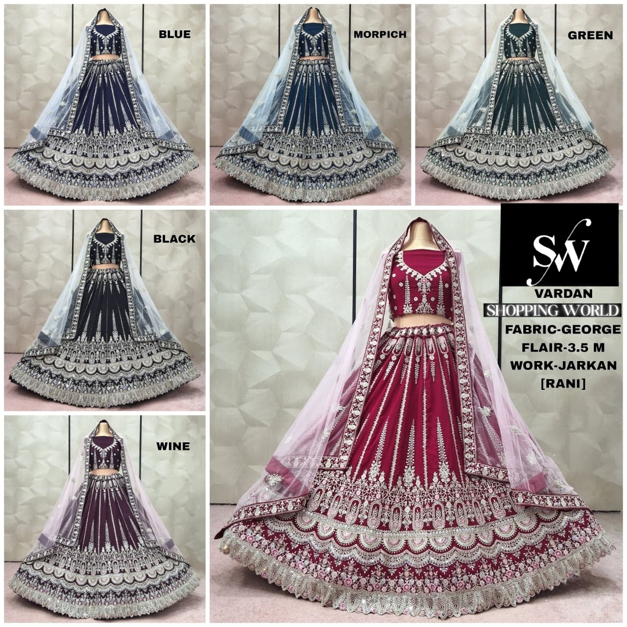 Embellished Rani pink Blue Morpich blue green Black Wine George Lehenga