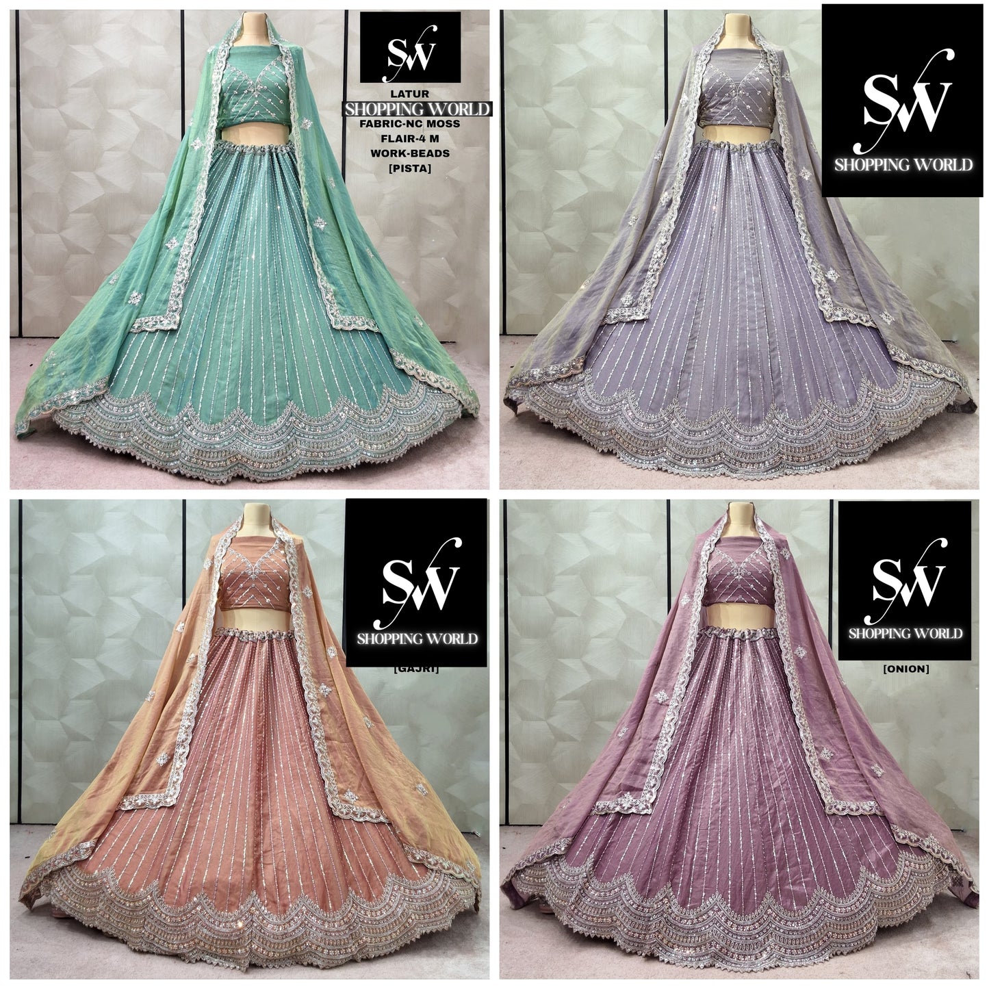 Beautiful Pista green Lavender Gajri pink onion pink Nc Moss Lehenga