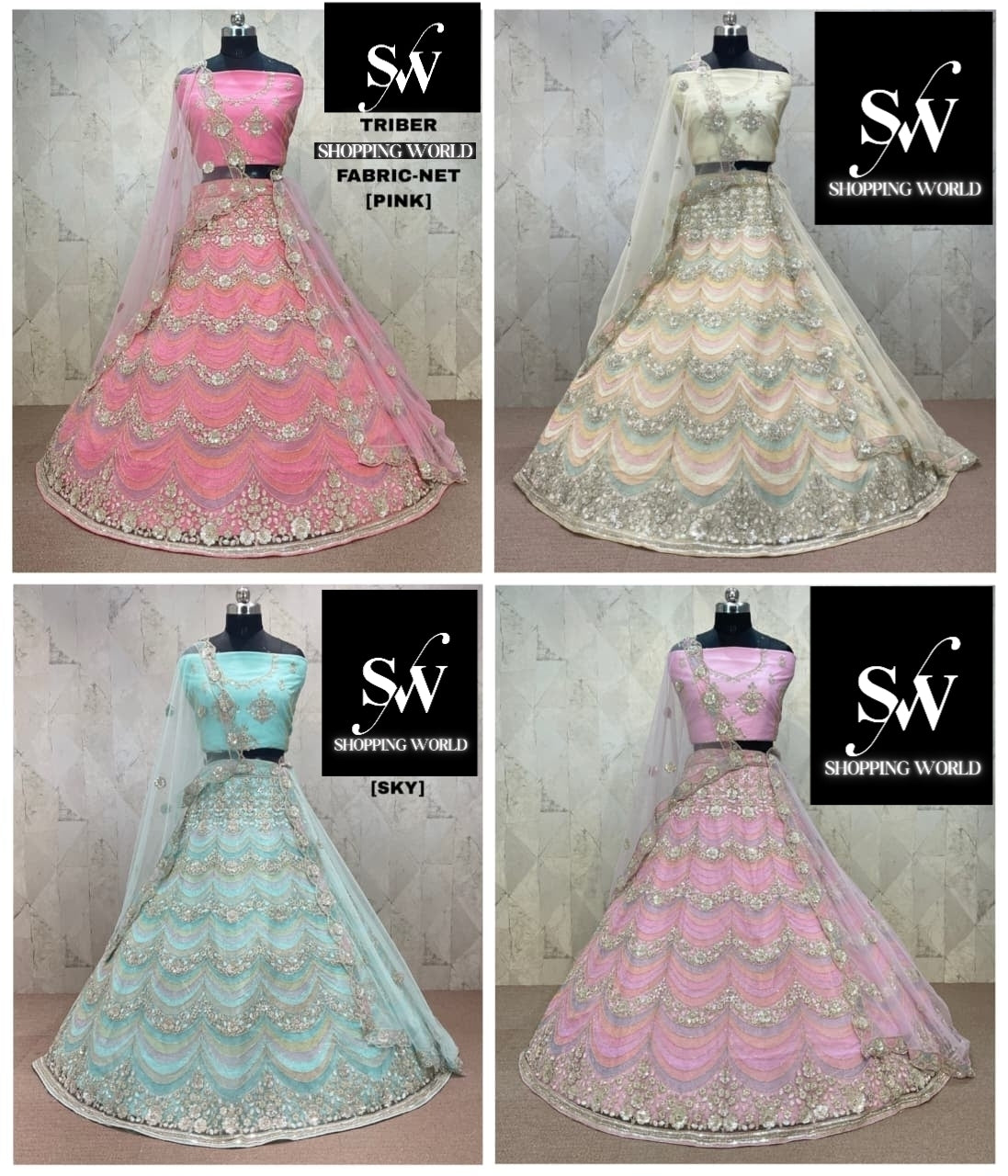 Pretty Pink Sky blue Off white Baby pink Twill Net Lehenga