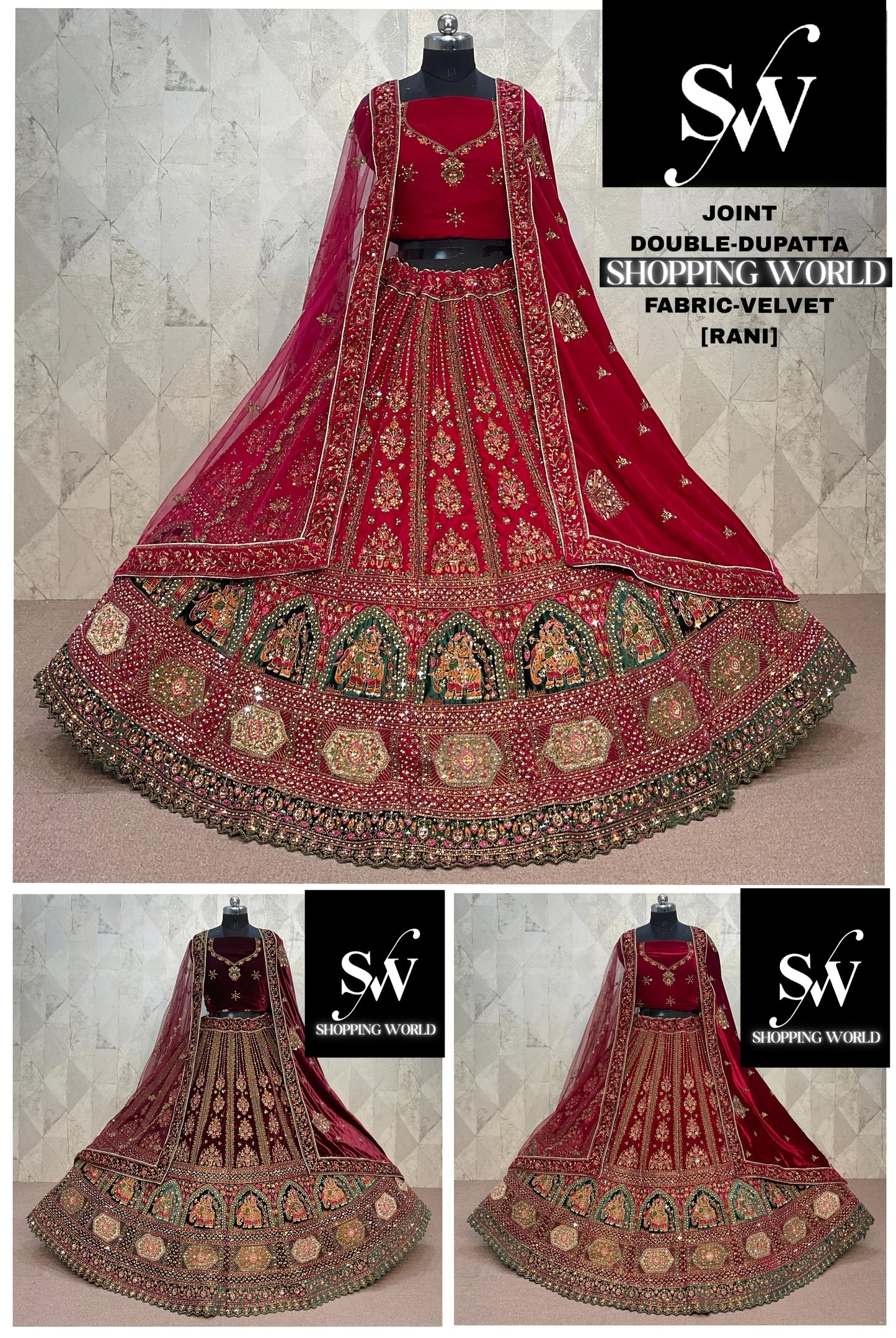 Fabulous Rani pink Maroon Dark Maroon peacock Double Duptta Velvet Bridal Lehenga