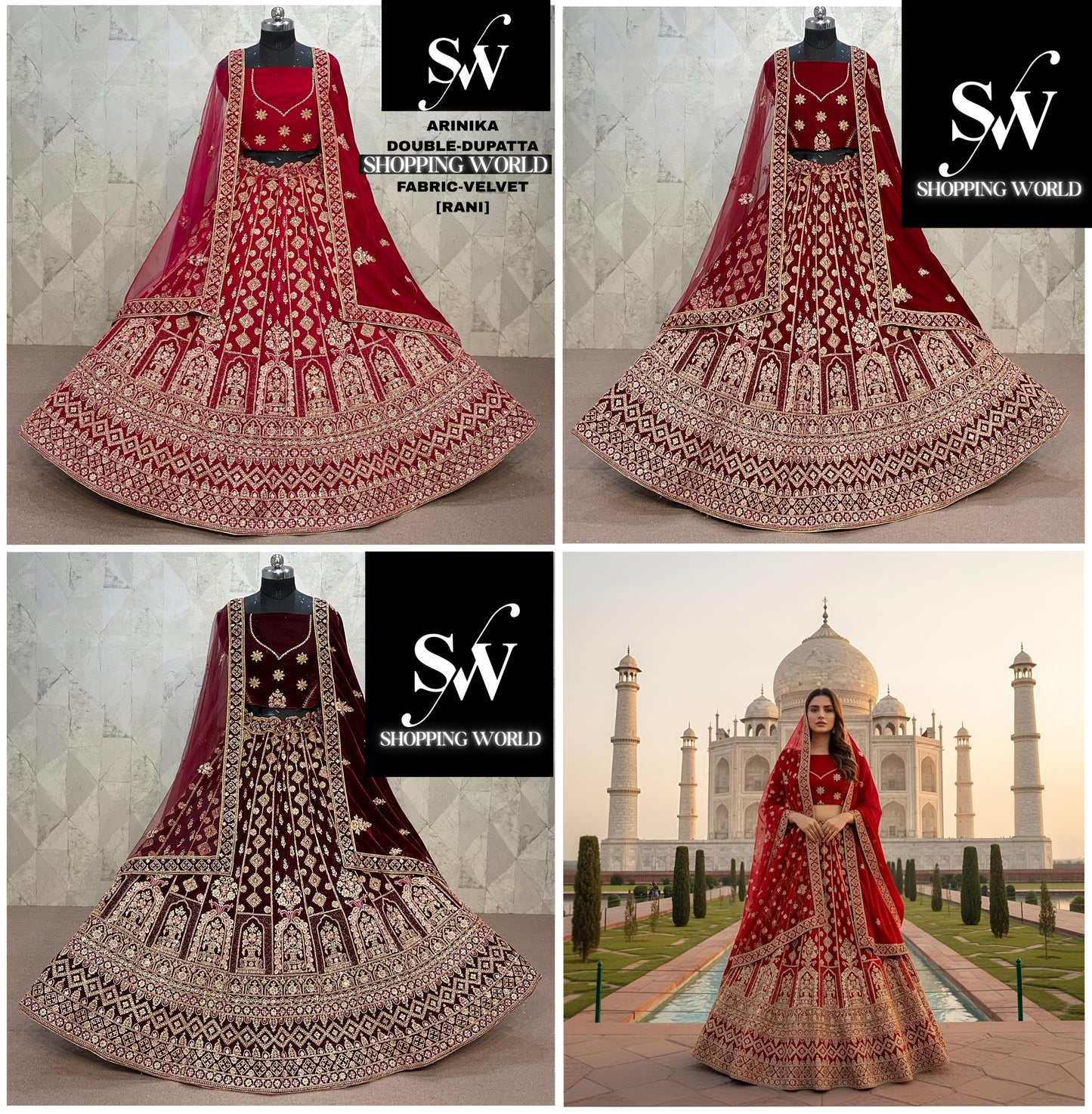 Fantastic Rani pink Maroon Dark Maroon peacock Double Duptta Velvet Bridal Lehenga