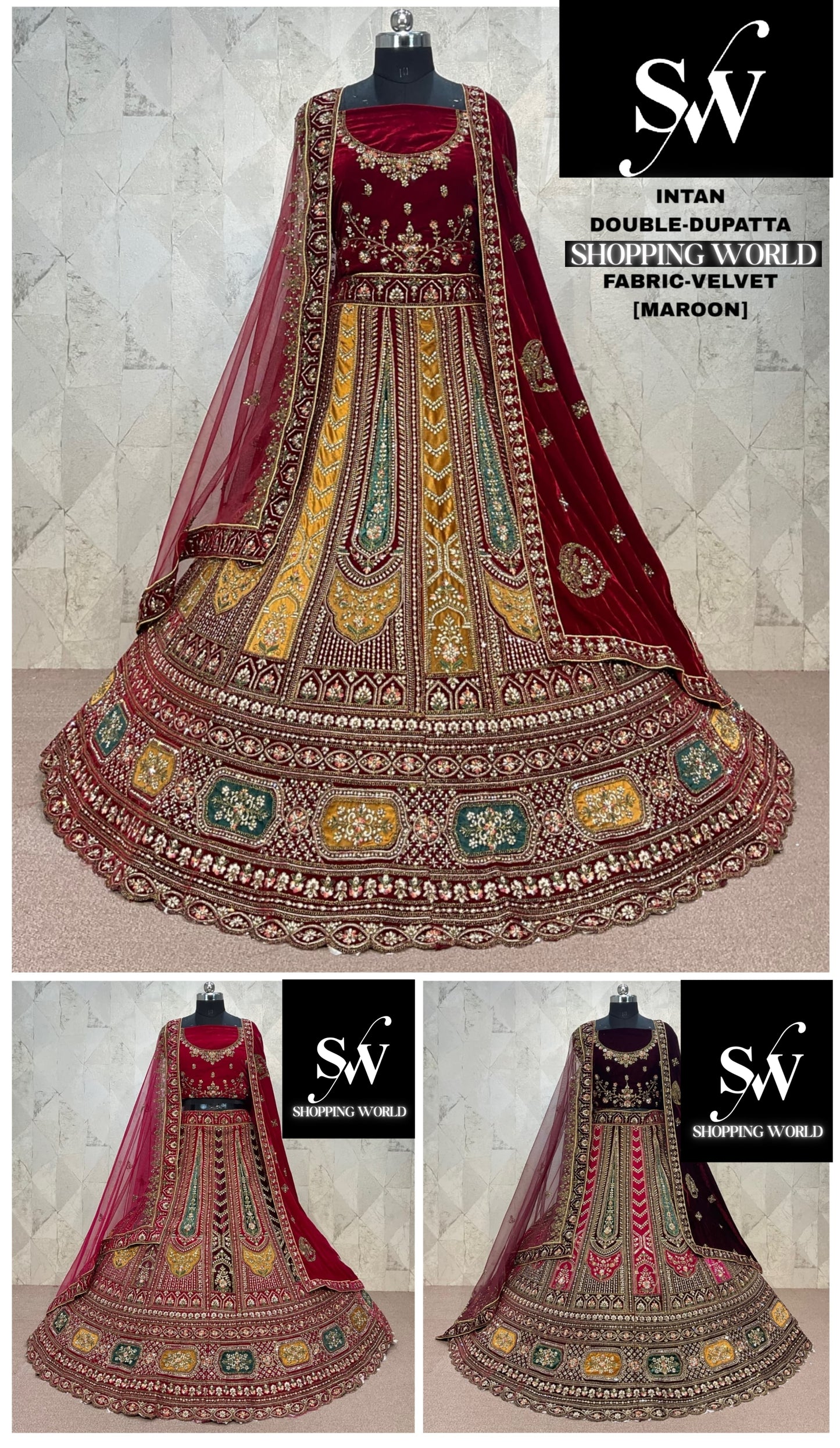 Amazing Rani pink Maroon Dark Maroon peacock Double Duptta Velvet Bridal Lehenga