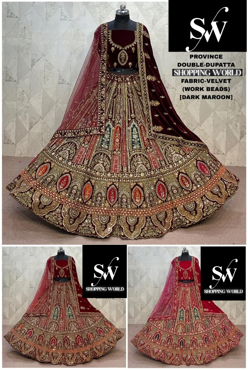 Something different Rani pink Dark Maroon Maroon Double Duptta Velvet Bridal Lehenga
