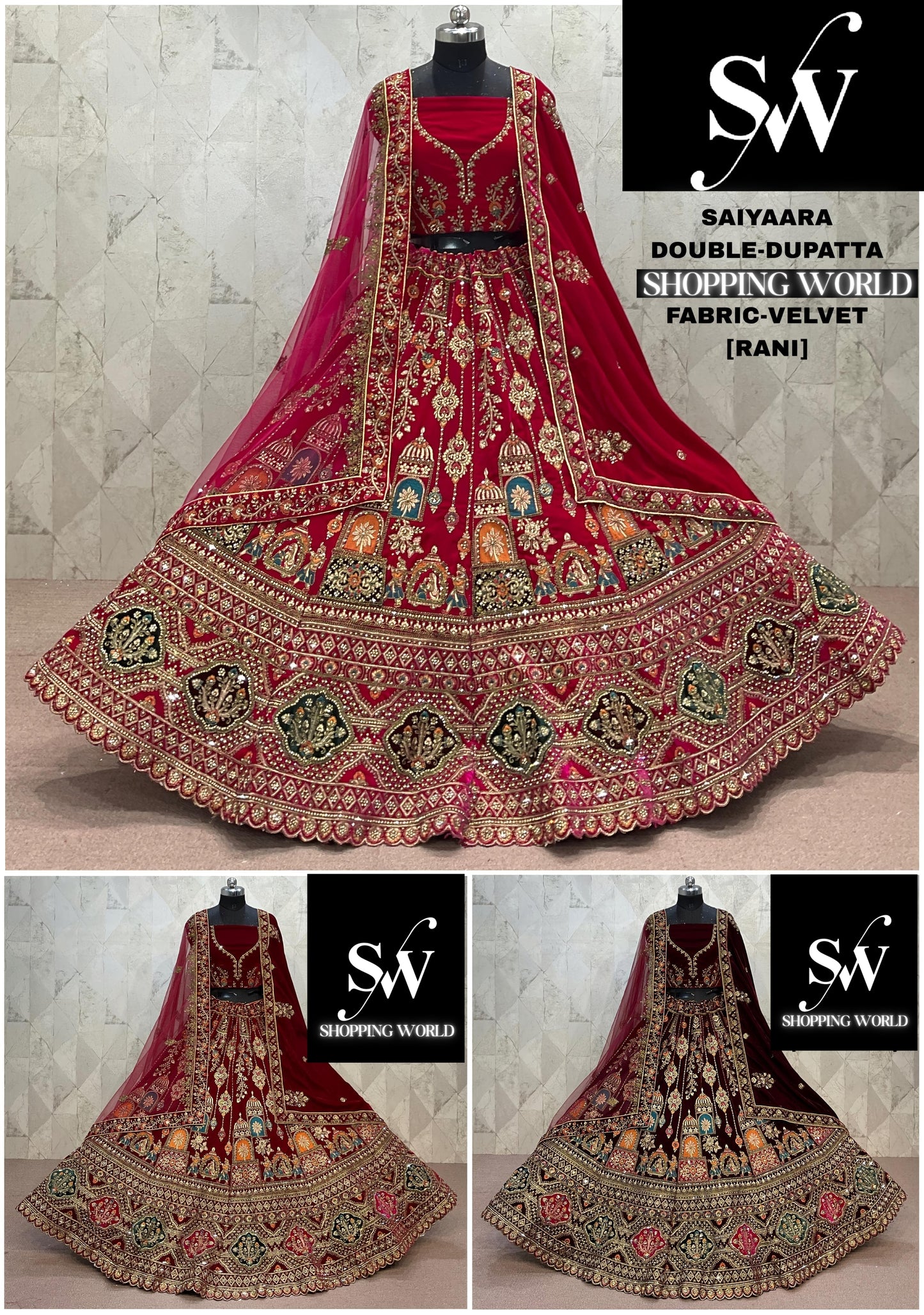 Eye Catching Rani pink Maroon Dark Maroon Double Dupatta Velvet Bridal Lehenga