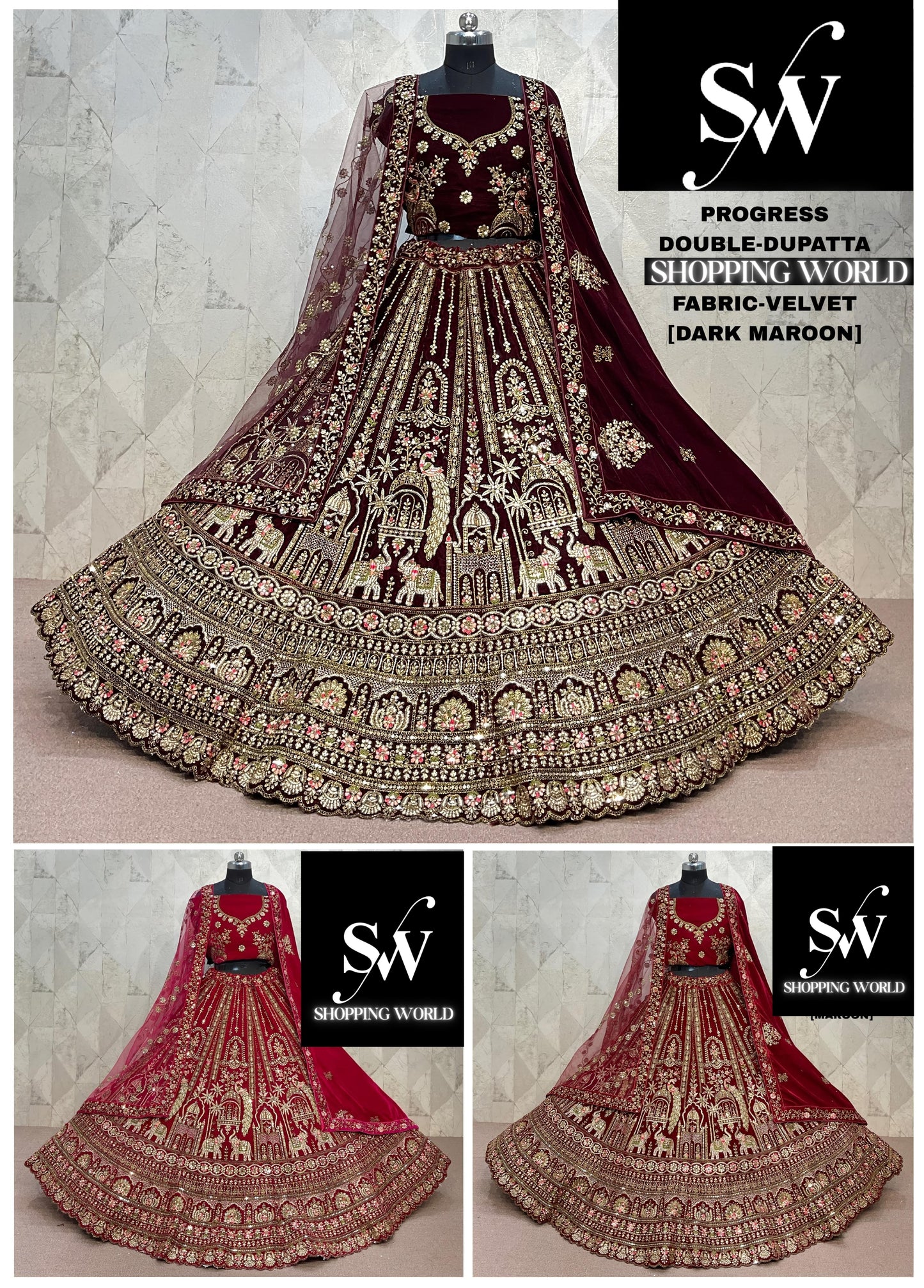 Charming Dark Maroon Rani pink Maroon Double Duptta Velvet Bridal Lehenga