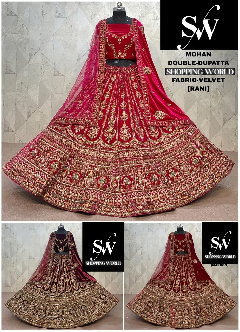 Majestic Rani pink Maroon Dark Maroon Double Duptta Velvet Bridal Lehenga