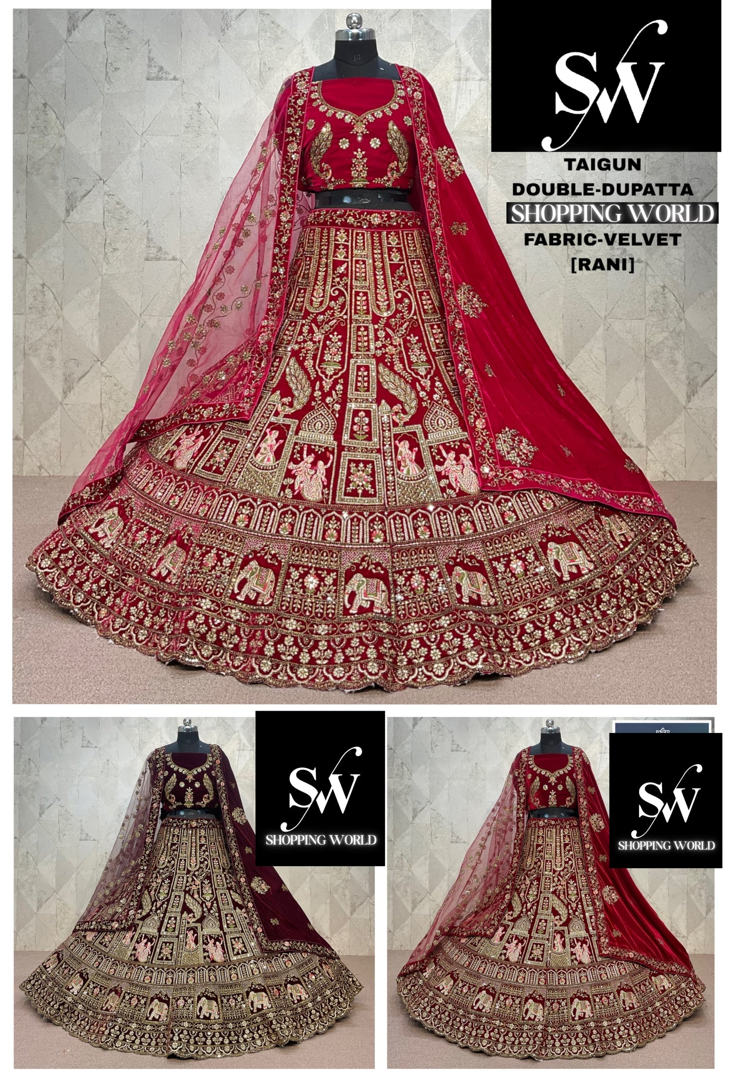 Pleasing Rani pink Maroon Dark Maroon Double Duptta Velvet Bridal Lehenga