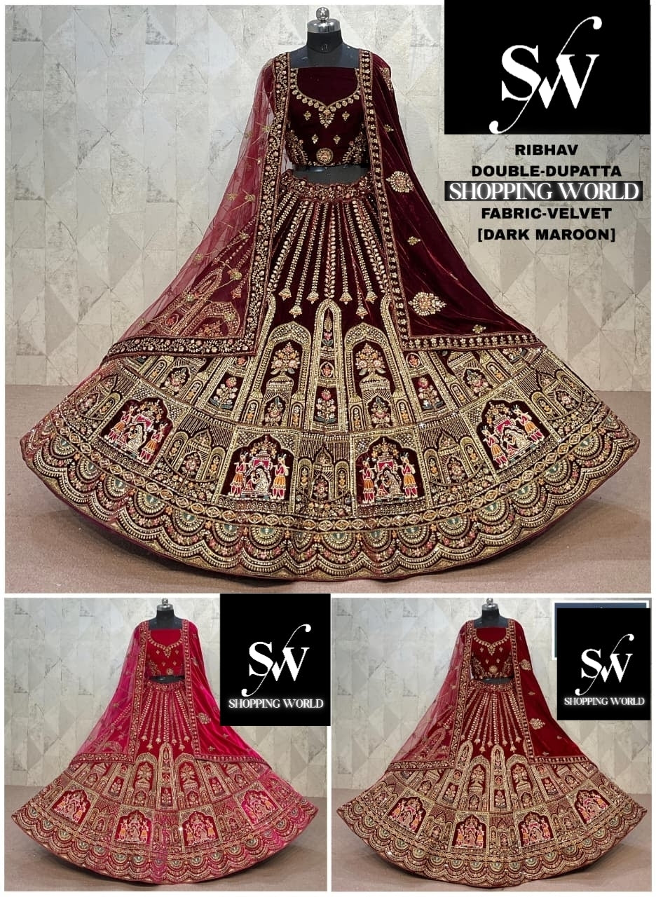Khoobsurat Dark Maroon Rani pink Maroon Double Duptta Velvet Bridal Lehenga