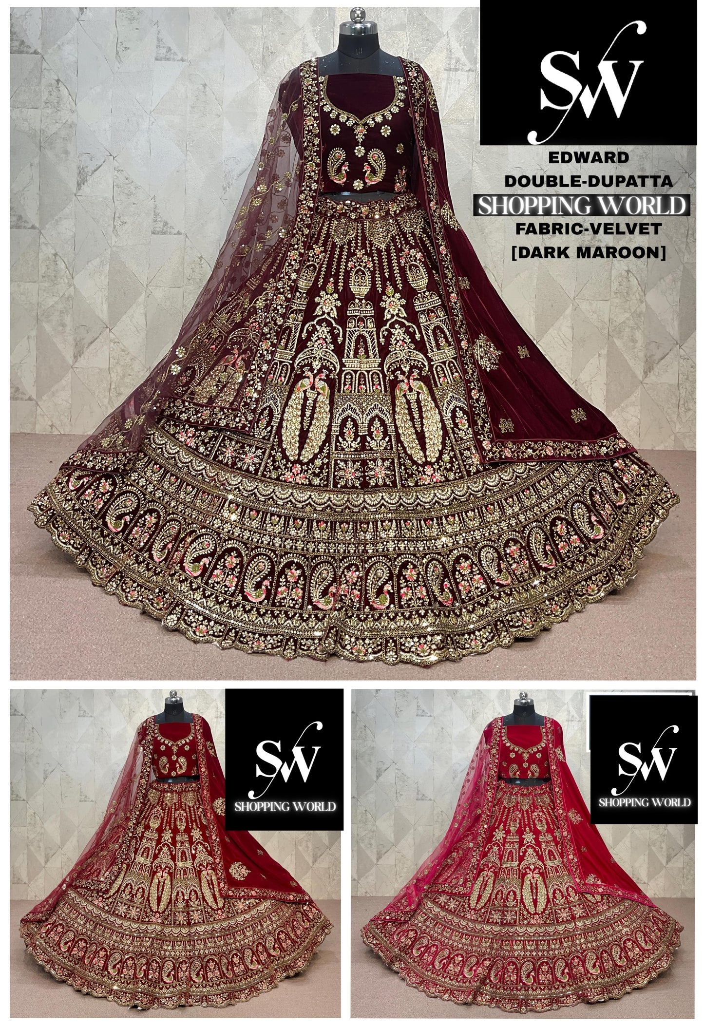 Lovely Dark Maroon Rani pink Maroon peacock Double Duptta Velvet Bridal Lehenga