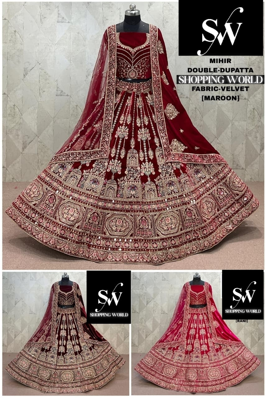 Designer maroon Dark Maroon Maroon Double Duptta Velvet Bridal Lehenga