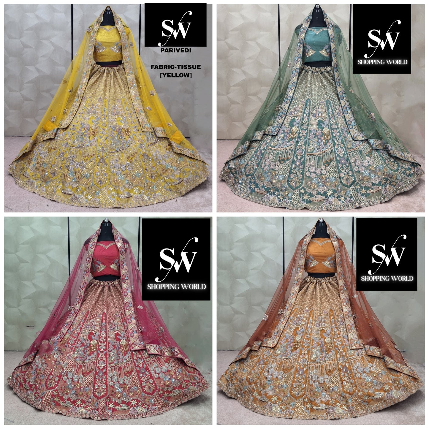 Charming pink Yellow Mehendi Rust Orange Tissue Lehenga