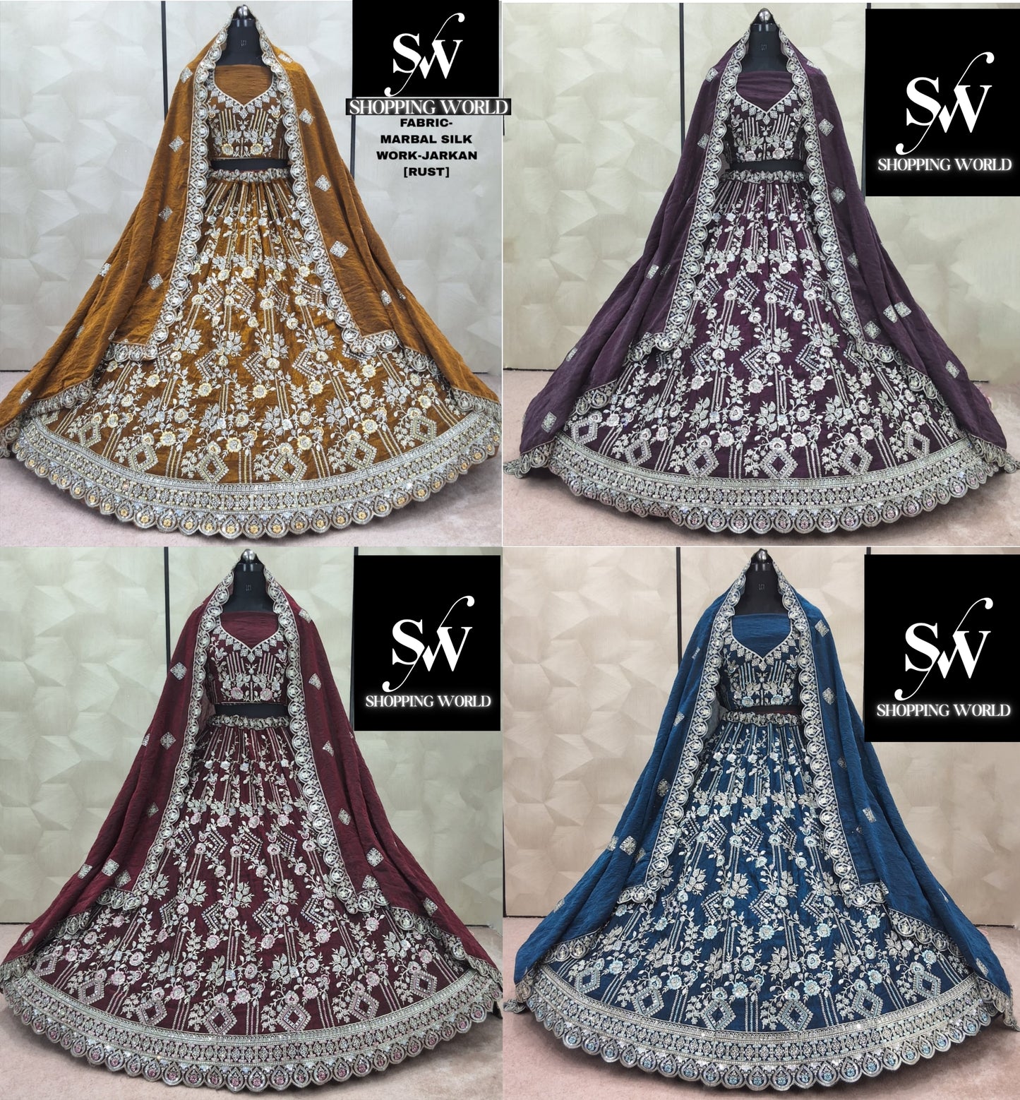 Pleasing Rust Orange Maroon Purple Sky blue Marbal Silk Lehenga