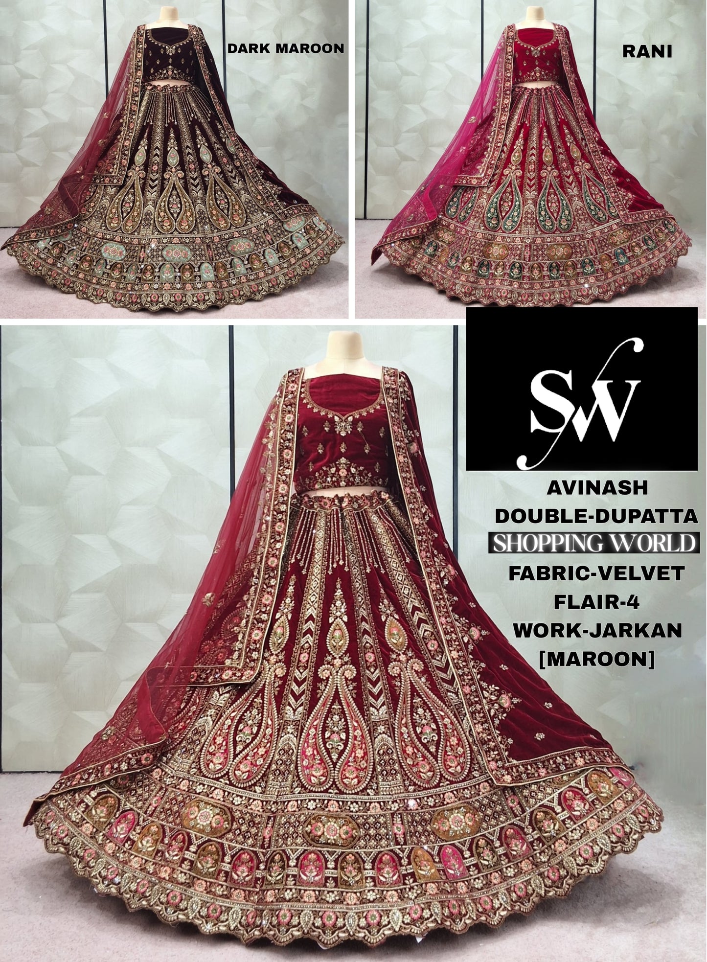 Designer Dark Maroon Rani pink Maroon Velvet peacock Bridal Lehenga