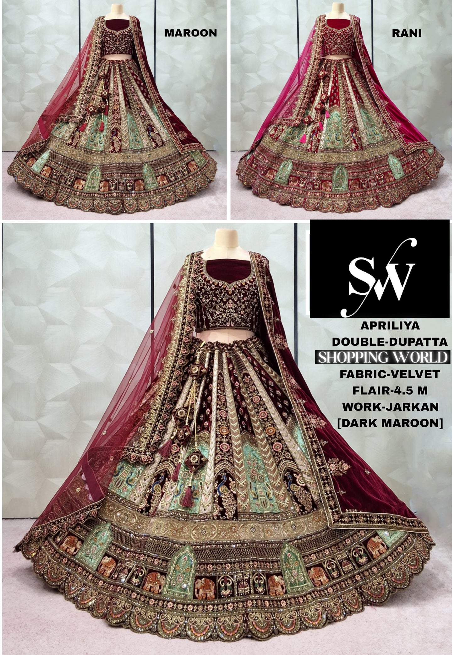 Good looking Dark Maroon Rani pink Maroon Velvet peacock Bridal Lehenga