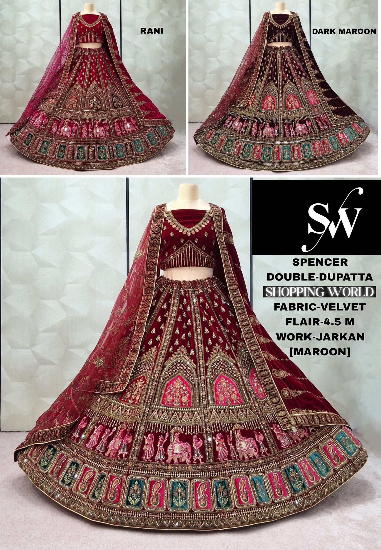 Stunning Dark Maroon Rani pink Maroon Velvet Doli Barat Bridal Lehenga