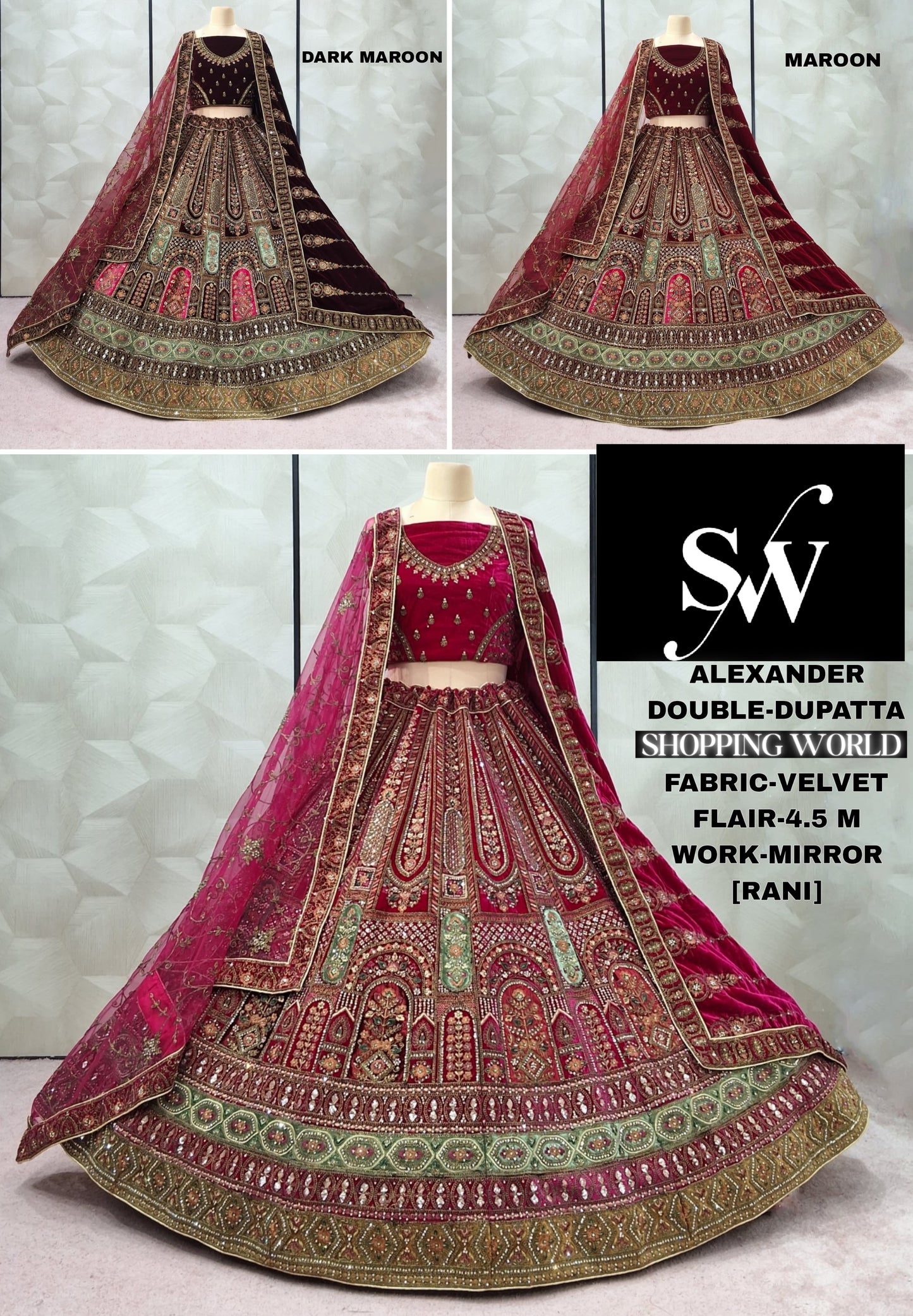 Attractive Dark Maroon Rani pink Maroon Velvet Bridal Lehenga