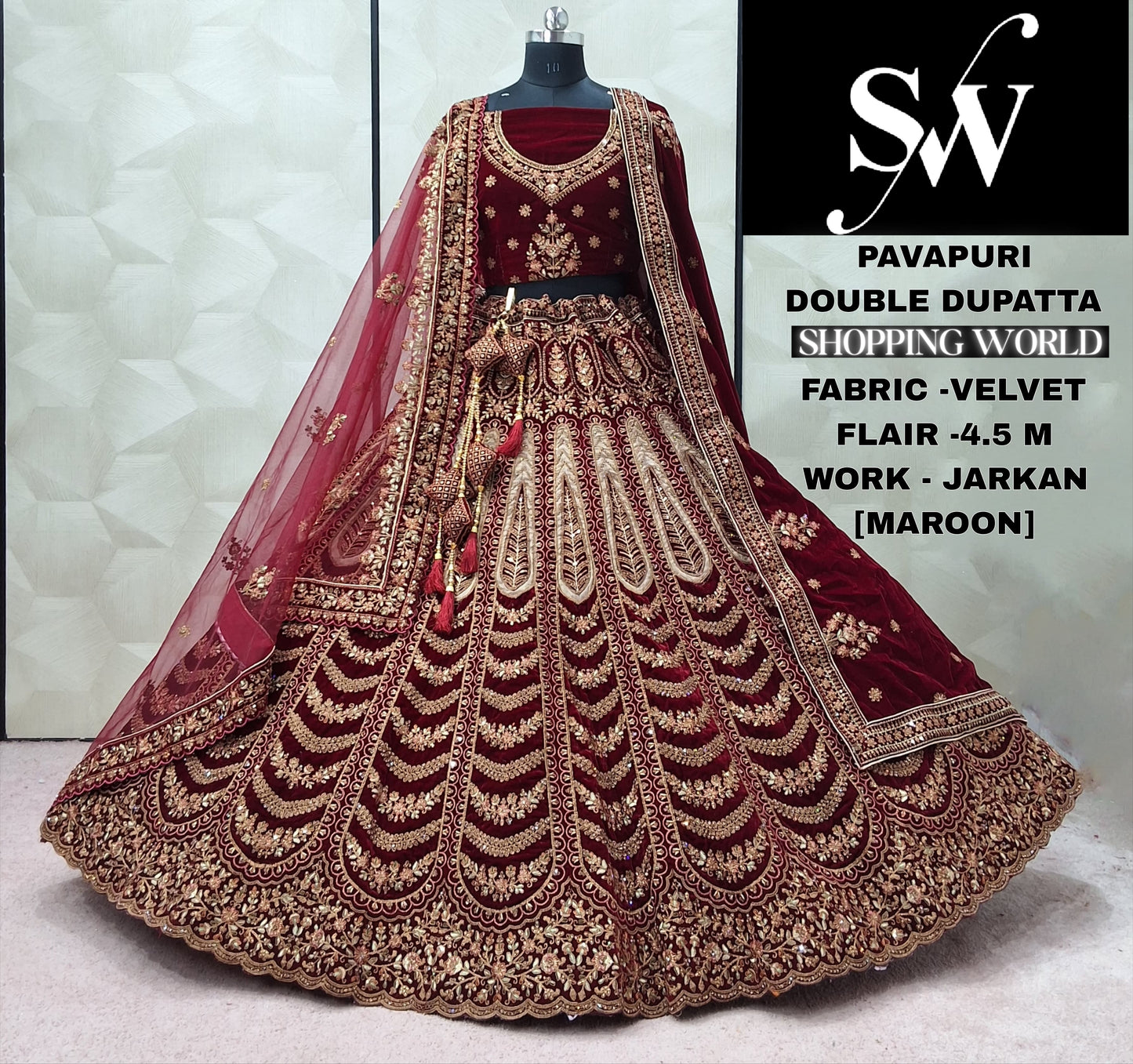 Lavishing Rani pink Maroon Dark Maroon Double Dupatta Velvet Bridal Lehenga