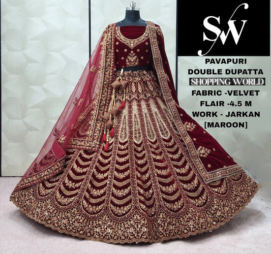 Majestic Dark Maroon Maroon Rani pink Double Dupatta Velvet Bridal Lehenga
