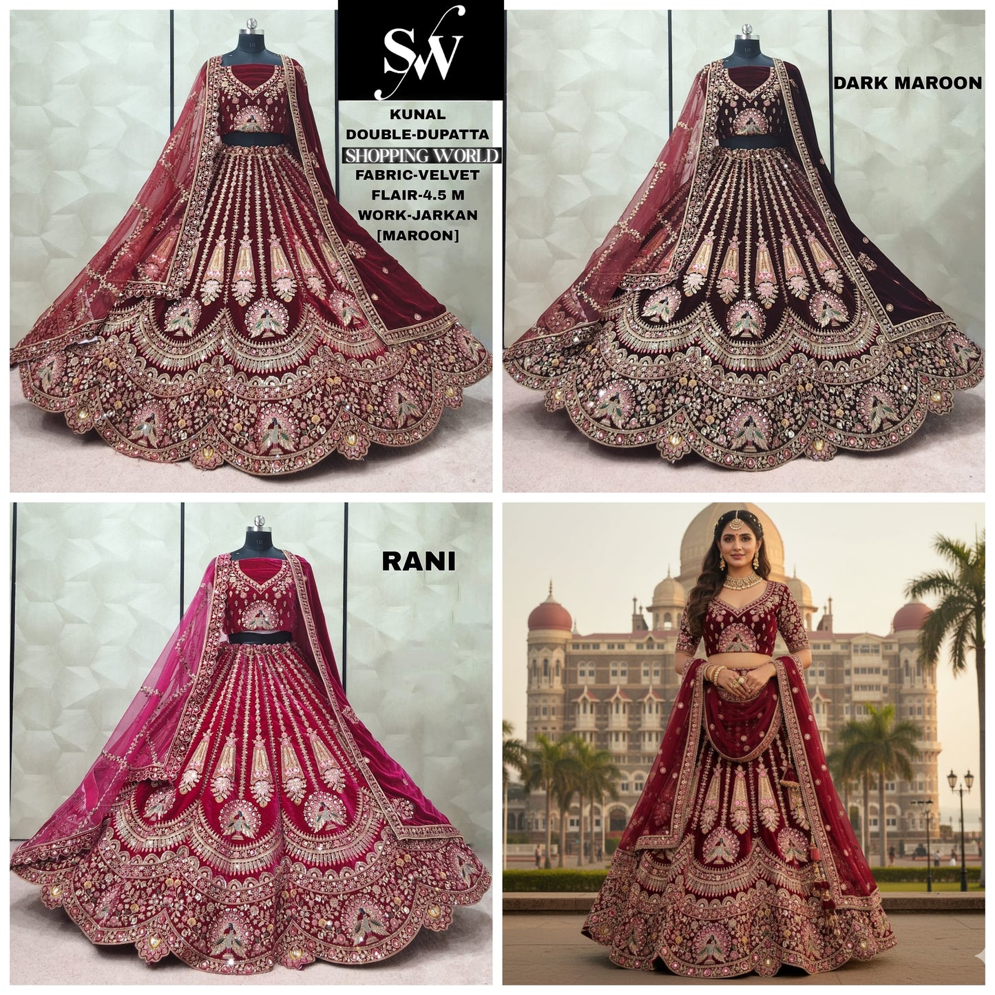 Something different Maroon Dark Maroon Rani pink peacock Velvet Bridal Lehenga