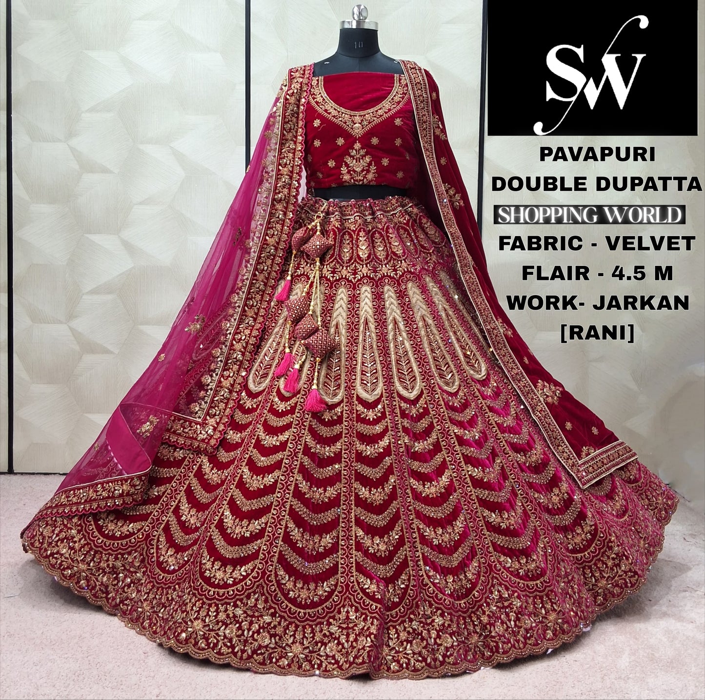 Majestic Dark Maroon Maroon Rani pink Double Dupatta Velvet Bridal Lehenga