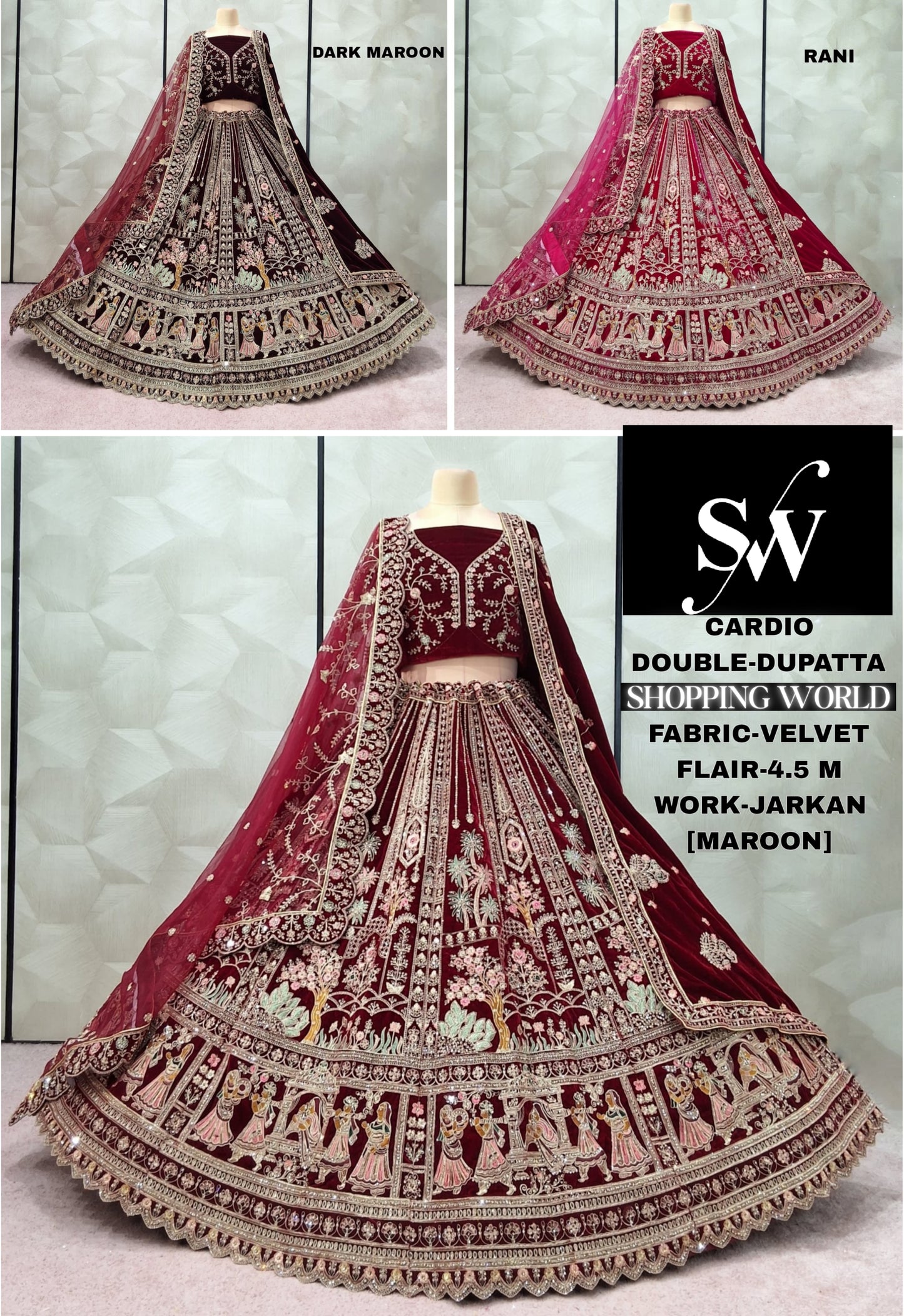 Lovely Maroon Dark Maroon Rani pink Double Dupatta Velvet Bridal Lehenga