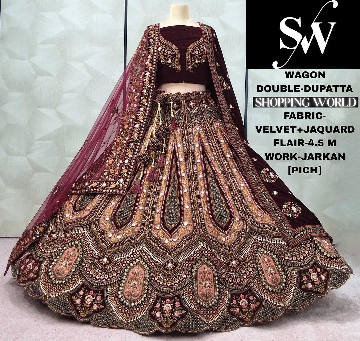 Wedding Rani pink Maroon beige Velvet Double Dupatta Bridal Lehenga