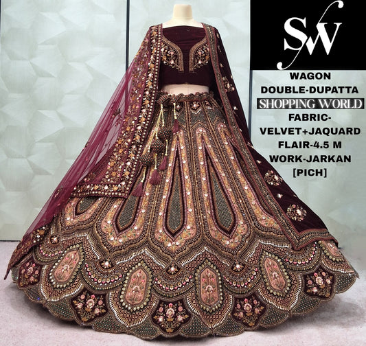Pleasing Rani pink Maroon peach Velvet Double Dupatta Bridal Lehenga