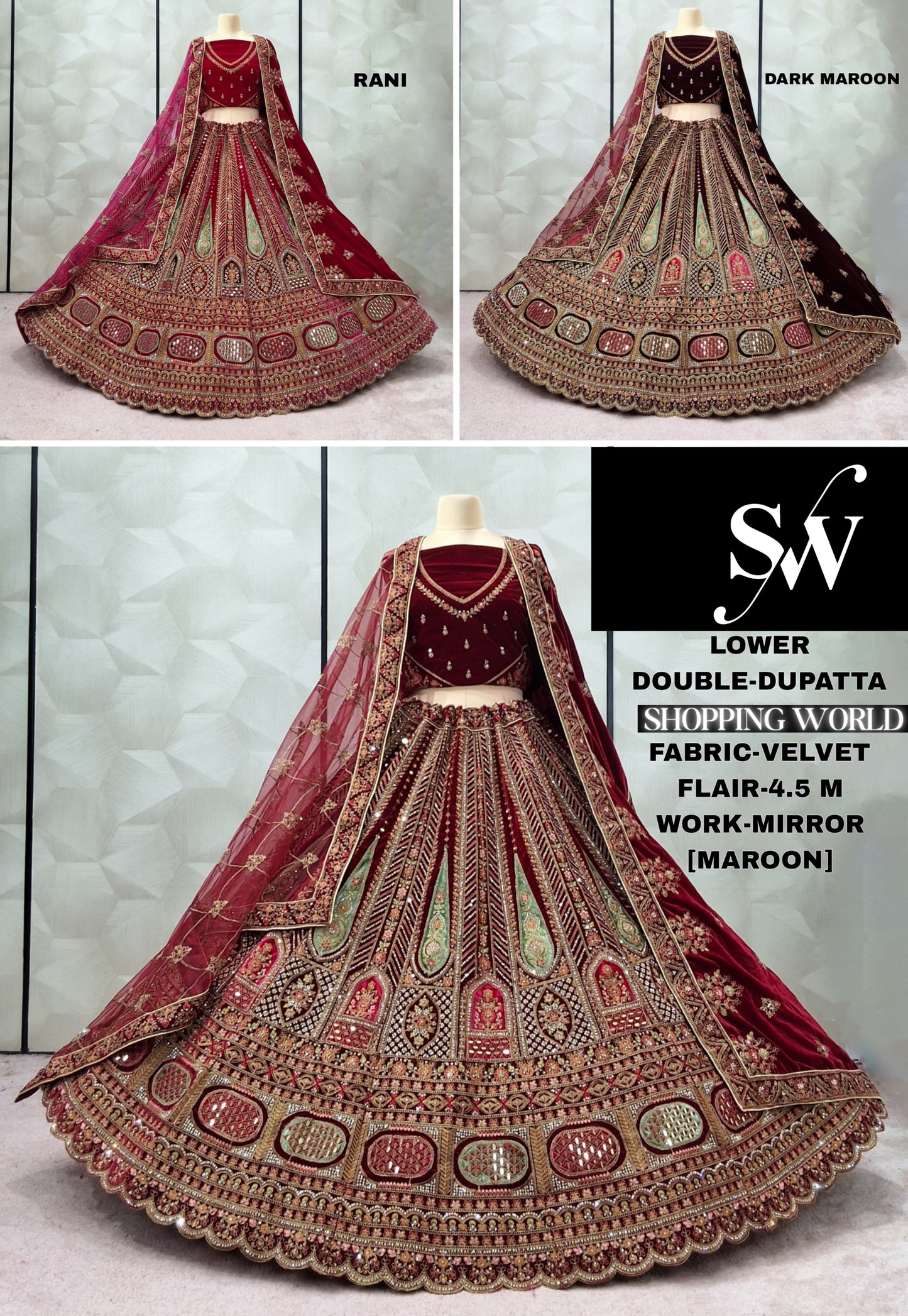 Beautiful Rani Pink Dark maroon Maroon Velvet Double Dupatta Bridal Lehenga