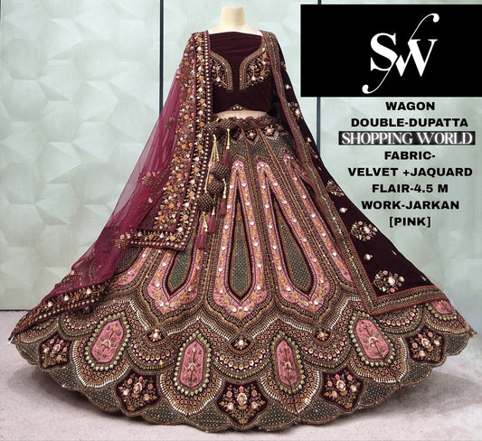Wedding Rani pink Maroon beige Velvet Double Dupatta Bridal Lehenga