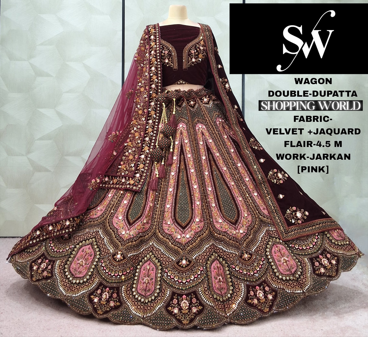 Lavishing Maroon peach Rani pink Velvet Double Dupatta Bridal Lehenga