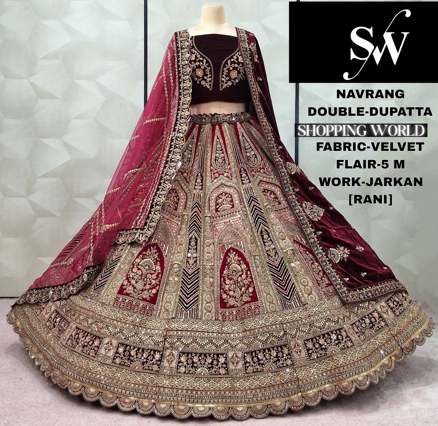 Charming Dark maroon Maroon Rani pink Velvet Double Dupatta Bridal Lehenga