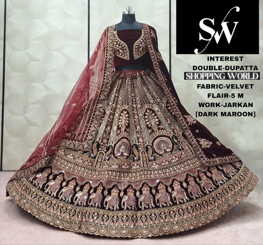Fabulous Maroon Rani pink Dark Maroon peacock Velvet Double Dupatta Bridal Lehenga