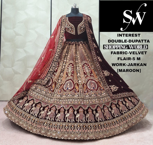 Awesome Dark Maroon Maroon Rani pink peacock Velvet Double Dupatta Bridal Lehenga