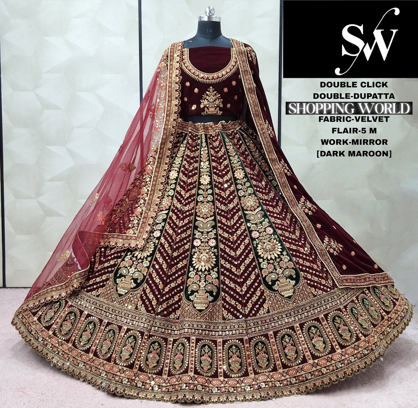 Attractive Maroon Dark Maroon Velvet Double Dupatta Bridal Lehenga