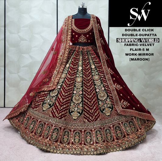 Attractive Maroon Dark Maroon Velvet Double Dupatta Bridal Lehenga