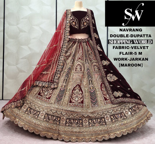 Charming Dark maroon Maroon Rani pink Velvet Double Dupatta Bridal Lehenga