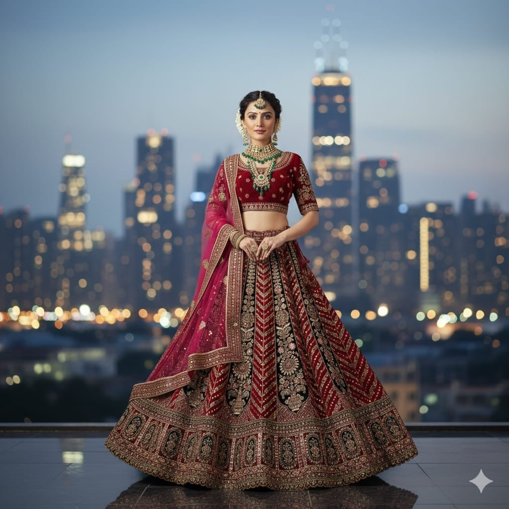 Astonishing Dark Maroon Maroon Velvet Double Dupatta Bridal Lehenga