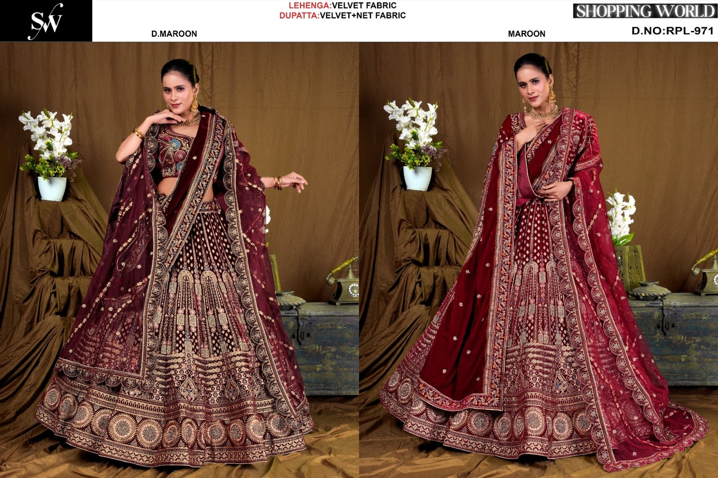 Fantastic Maroon Dark maroon Velvet bridal Lehenga