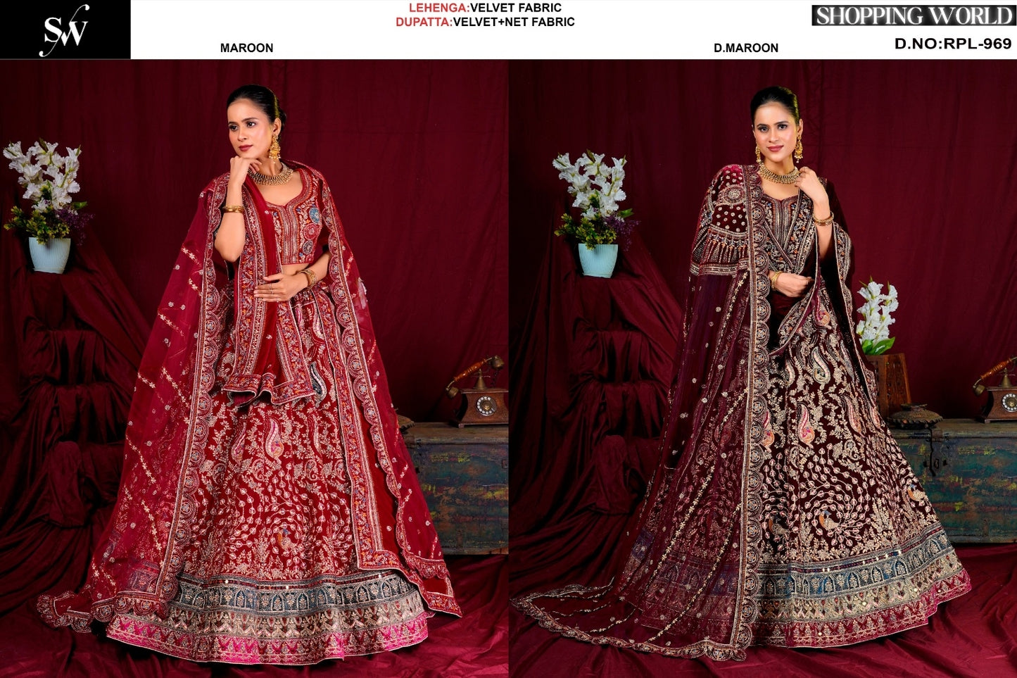 Amazing Maroon Dark maroon Velvet bridal Lehenga