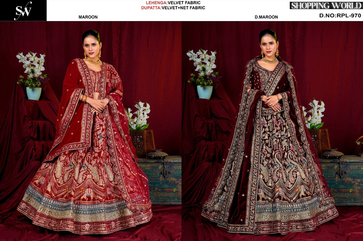 Engaging Maroon Dark maroon Velvet bridal Lehenga