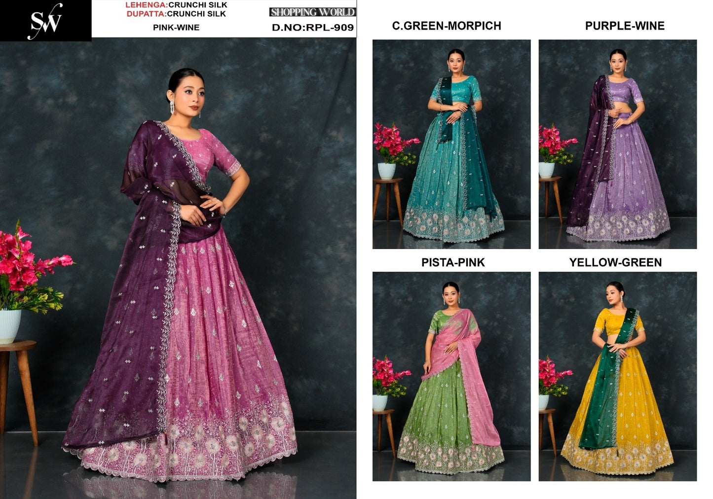 Majestic Pink Sea green Purple pista green yellow Crunch Silk Crop Top Lehenga