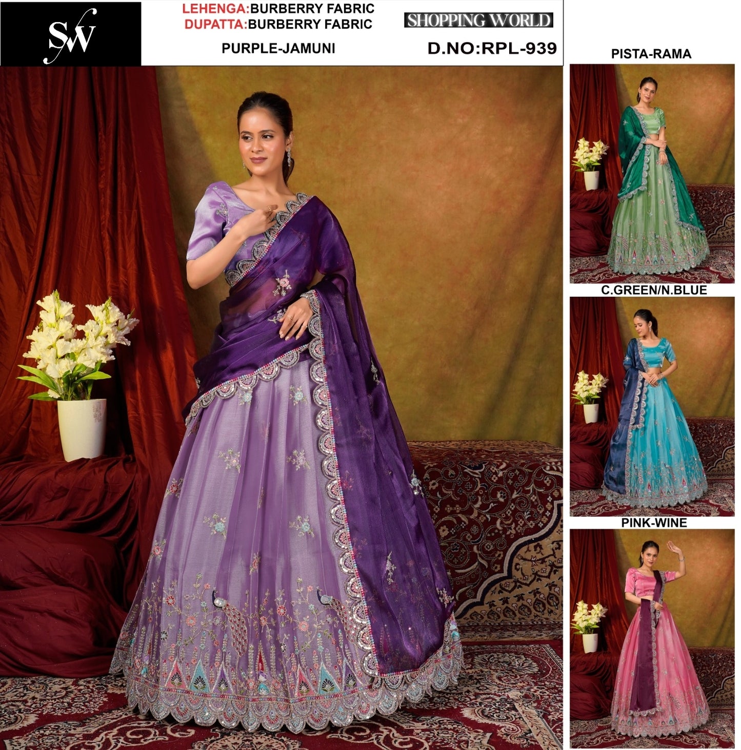 Lovely Purple Jamuni pista green Sea blue pink Burberry Crop Top Lehenga