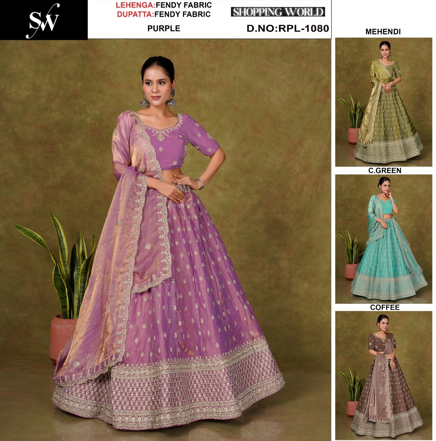 Tremendous Purple Mehendi green C green Coffee Fendy Crop Top Lehenga