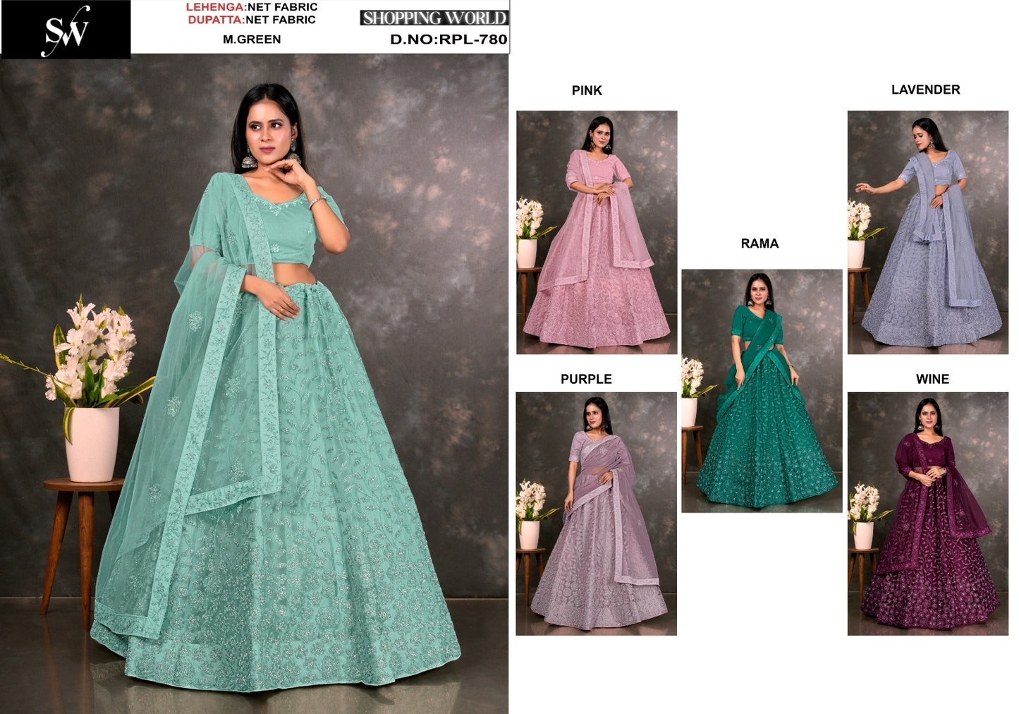 Attractive Mint green pink rama green purple lavender wine Net Lehenga