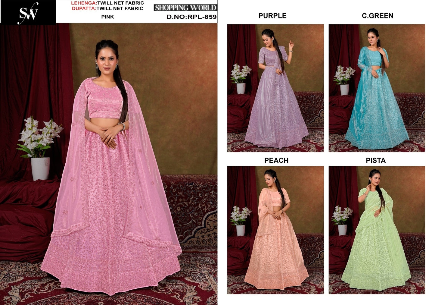 Astonishing pink purple Sea green peach pista green Twill Net Lehenga